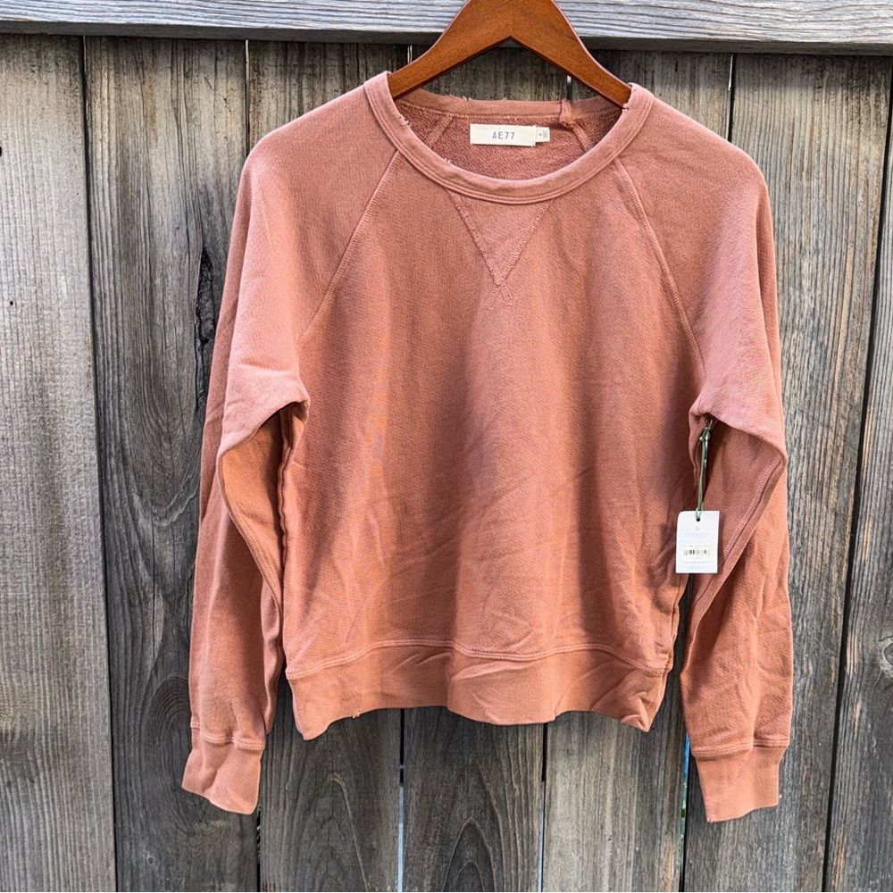 American Eagle AE77 Crewneck Sweatshirt Orange Brown Pullover Distressed Size S